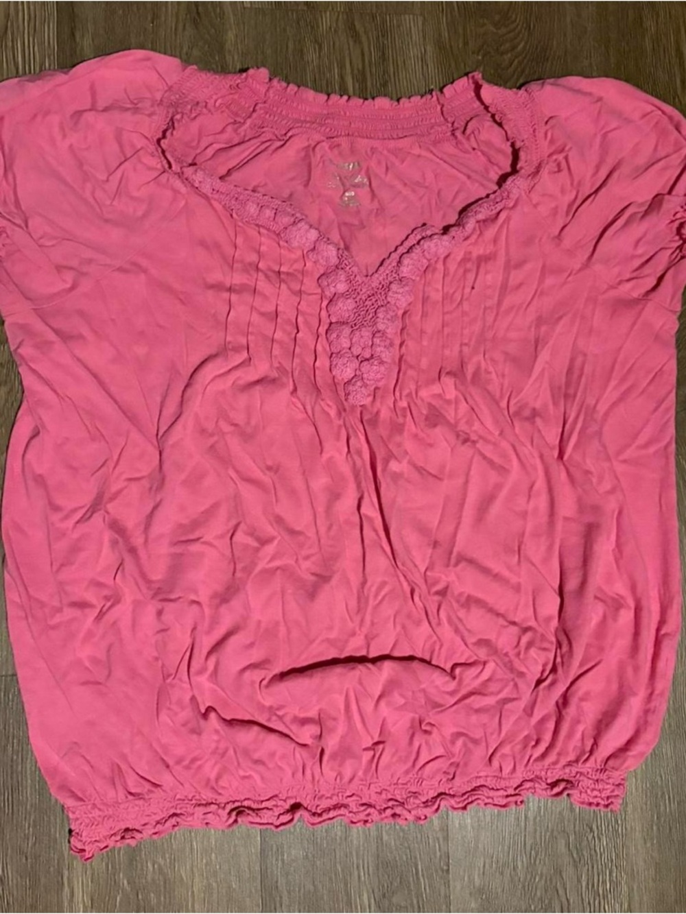 Pink Y2K babydoll top with ruffles and lace details and floral design